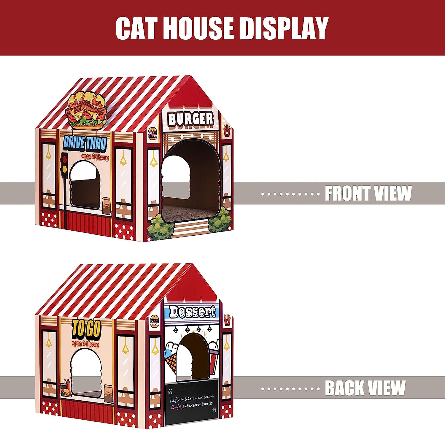 Cardboard Cat House with Scratcher/Catnip, (16.5''X12''X15'') Burger Shop for Indoor/Outdoor Cats, Cat Play House&Home Decor, Cat Scratch Toy, Hideout for Bunny&Small Animals