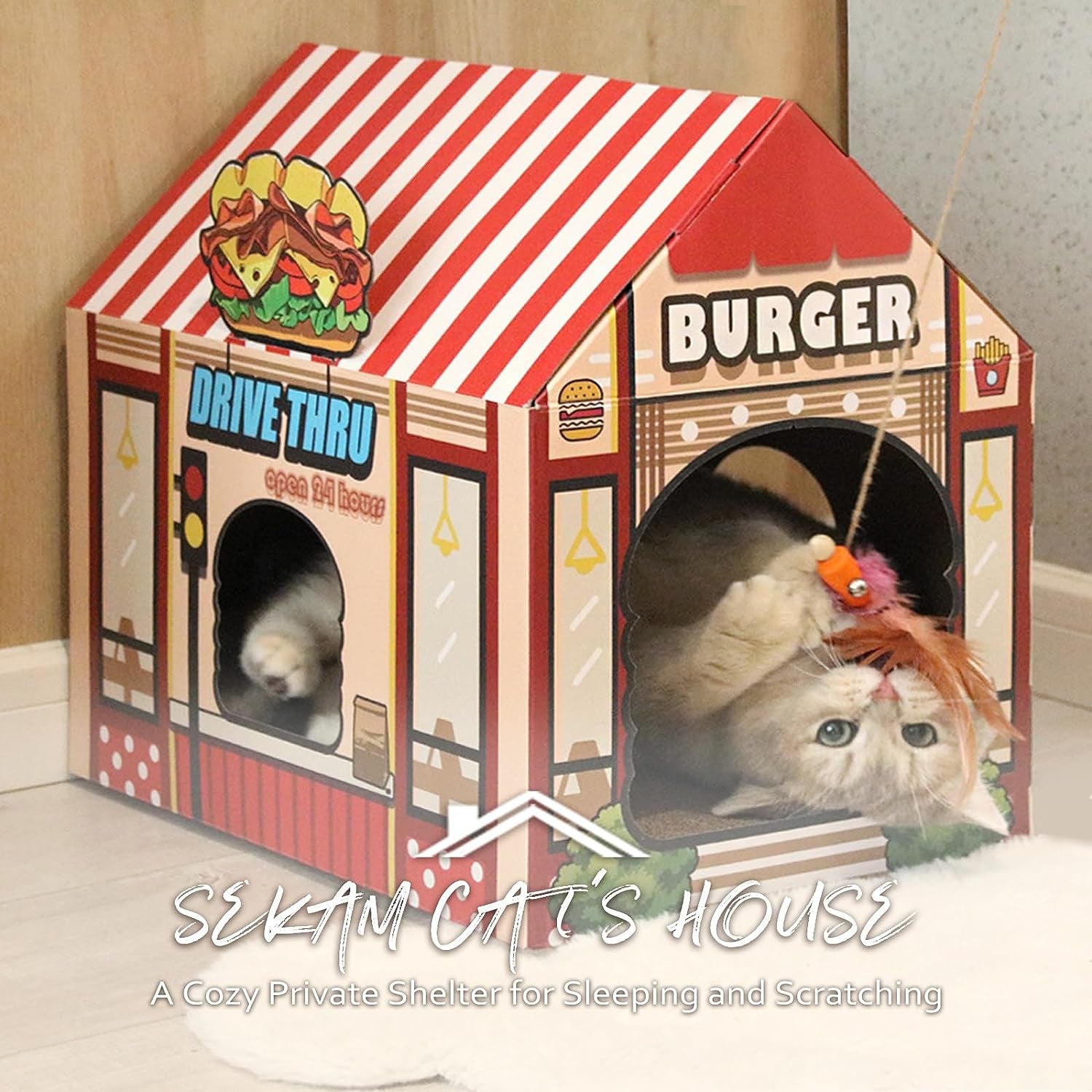 Cardboard Cat House with Scratcher/Catnip, (16.5''X12''X15'') Burger Shop for Indoor/Outdoor Cats, Cat Play House&Home Decor, Cat Scratch Toy, Hideout for Bunny&Small Animals