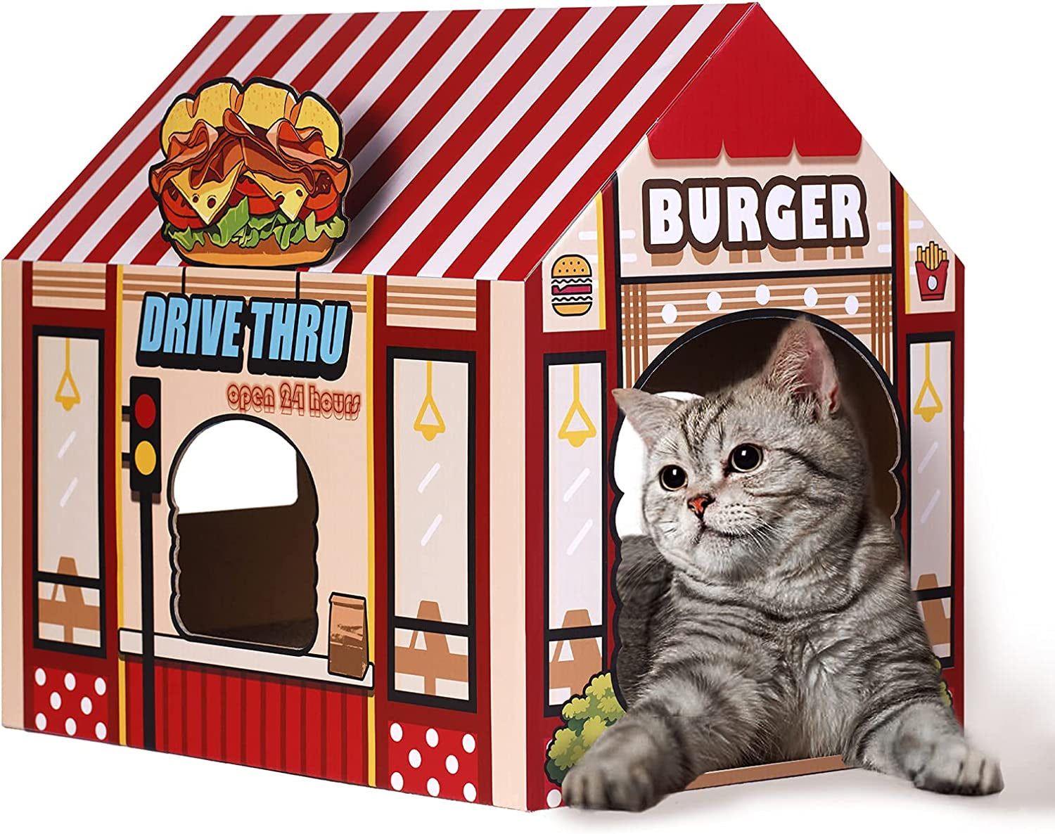Cardboard Cat House with Scratcher/Catnip, (16.5''X12''X15'') Burger Shop for Indoor/Outdoor Cats, Cat Play House&Home Decor, Cat Scratch Toy, Hideout for Bunny&Small Animals